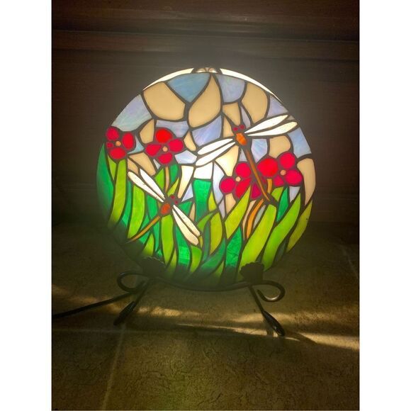 Dragonfly Floral Round Stain Leaded Glass Plate Lamp - Picture 10 of 16
